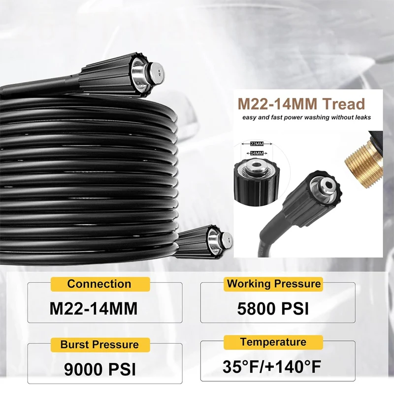 Pressure Washer Hose M22 14mm Thread Flexible Extension Hose with 3/8 Quick Connect Adapters and M22 Extension Adapter
