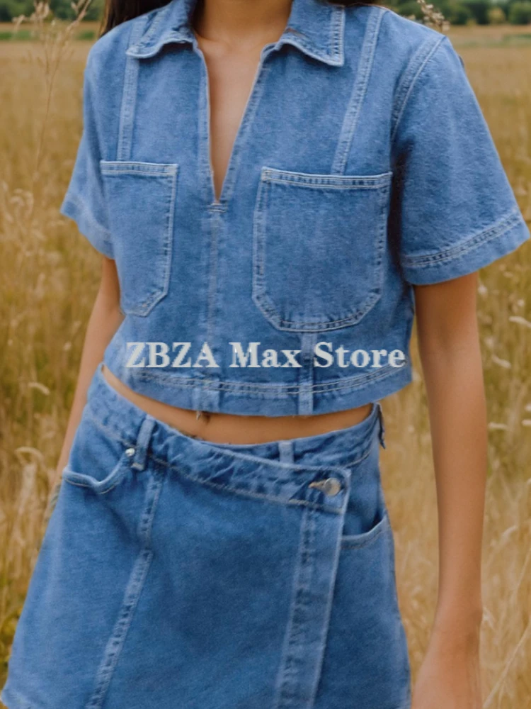 ZBZA Cropped Denim Skirt Suit V-neck Short Sleeve Pockets Shirt High Waist Button Hidden Zip Holiday Short Dress Female Chic Set