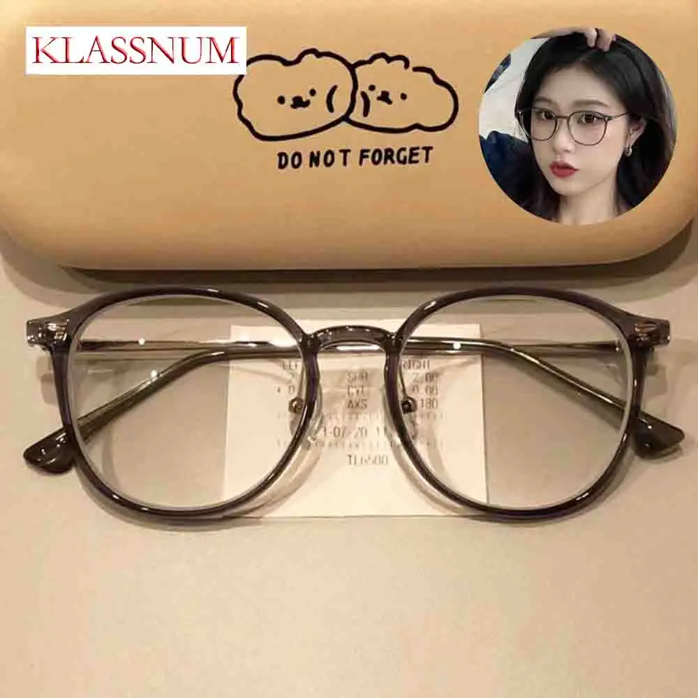 KLASSNUM New Korean Metal Transparent Blue Light Blocking Glasses Women Luxury Lady Flat Mirror Oval Frame Decorative Glasses