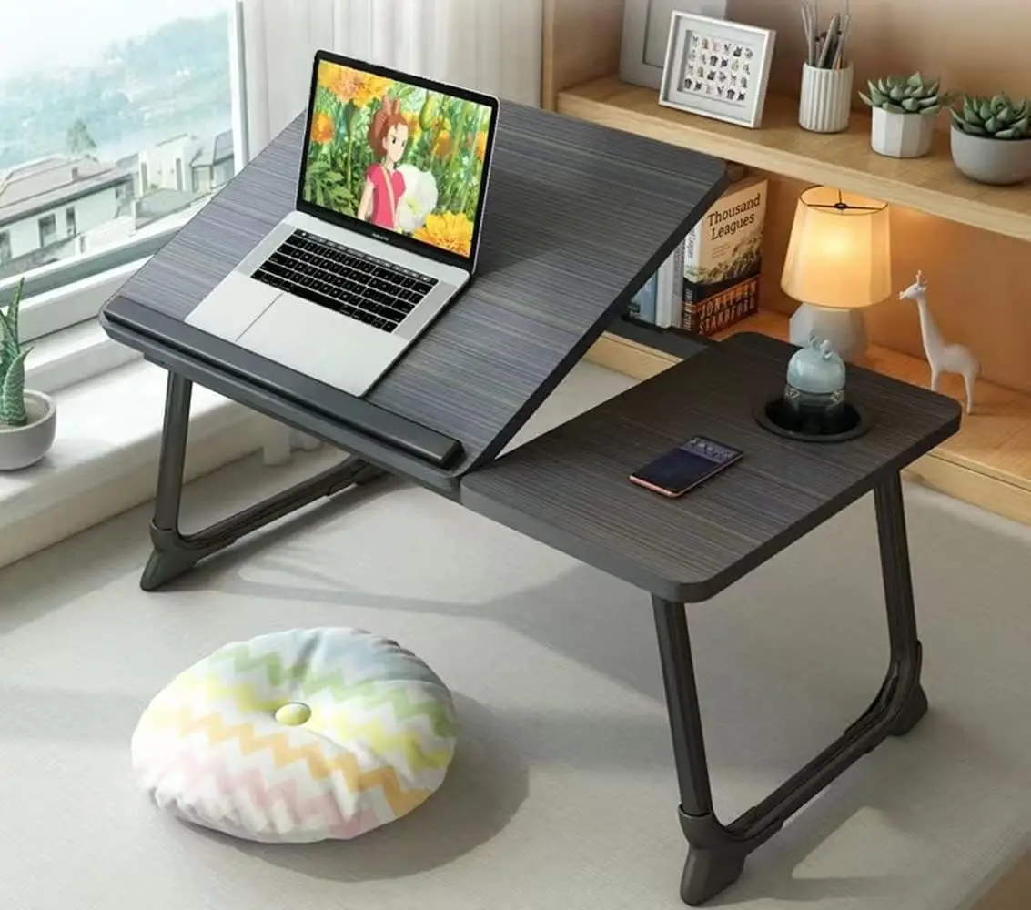 

Portable Adjustable Laptop Desk for Bed Couch, Foldable Stand with Cup Holder in Black