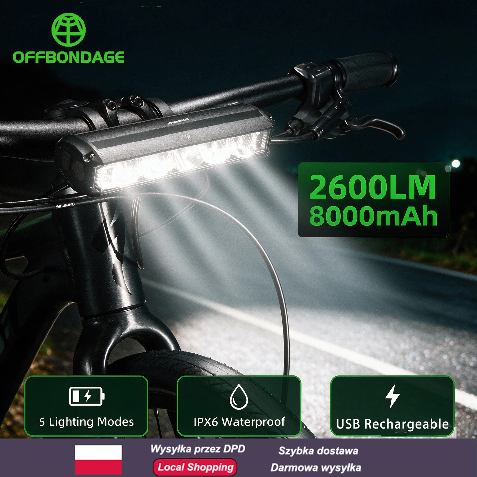 OFFBONDAGE 2600 Lumenów 8000mAh Przednia Lampka Rowerowa Typu C, Ładowana, 5 Trybów, Wodoodporna IPX5, Wykonana ze Stopu Aluminium, Ultra Jasna Lampka na Kierownicę do Rowerów Górskich i Szosowych,