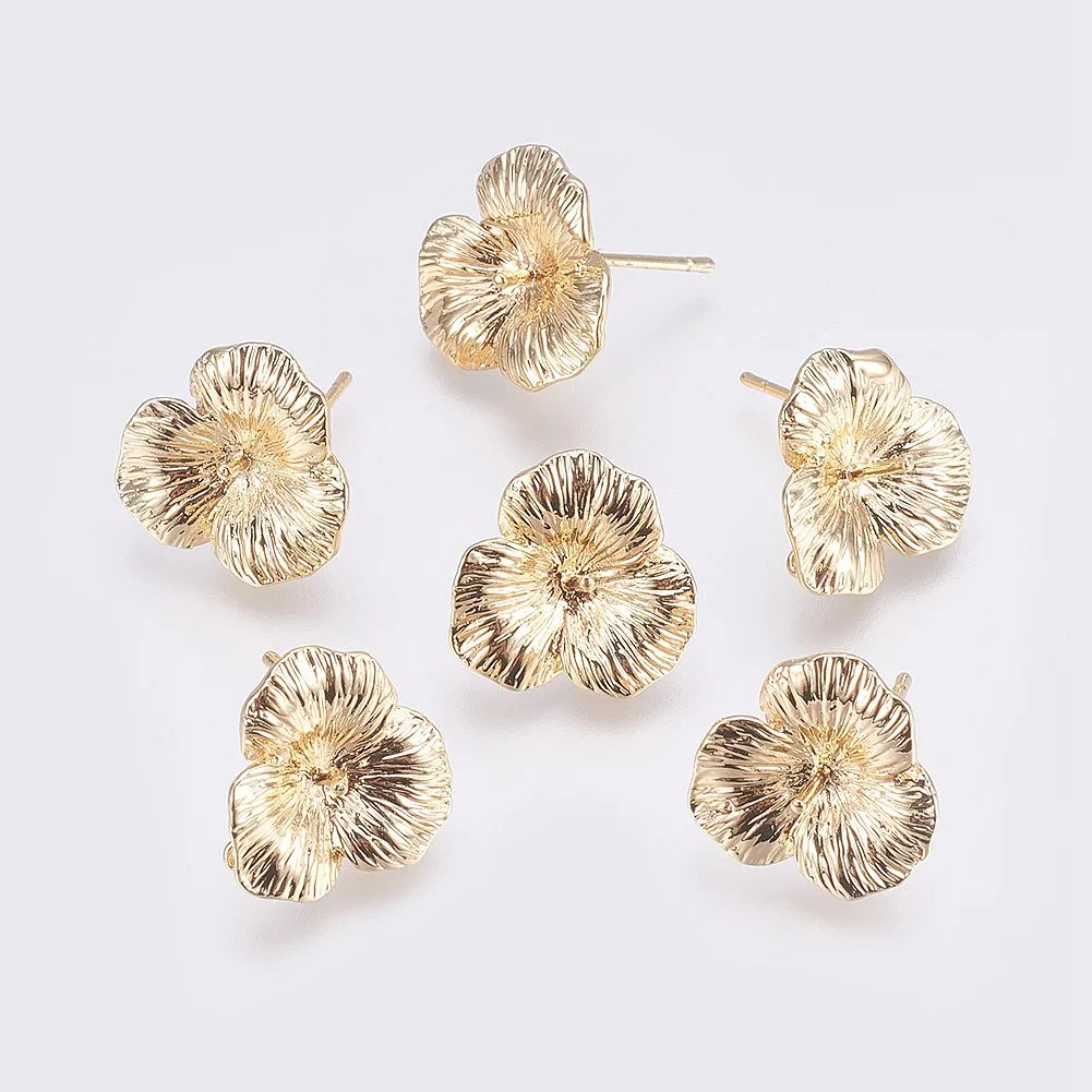 10pcs Brass Flower Stud Earrings Findings Real 18K Gold Plated with Loop for Jewelry Making Earring Accessories 16x3mm Pin 0.8mm