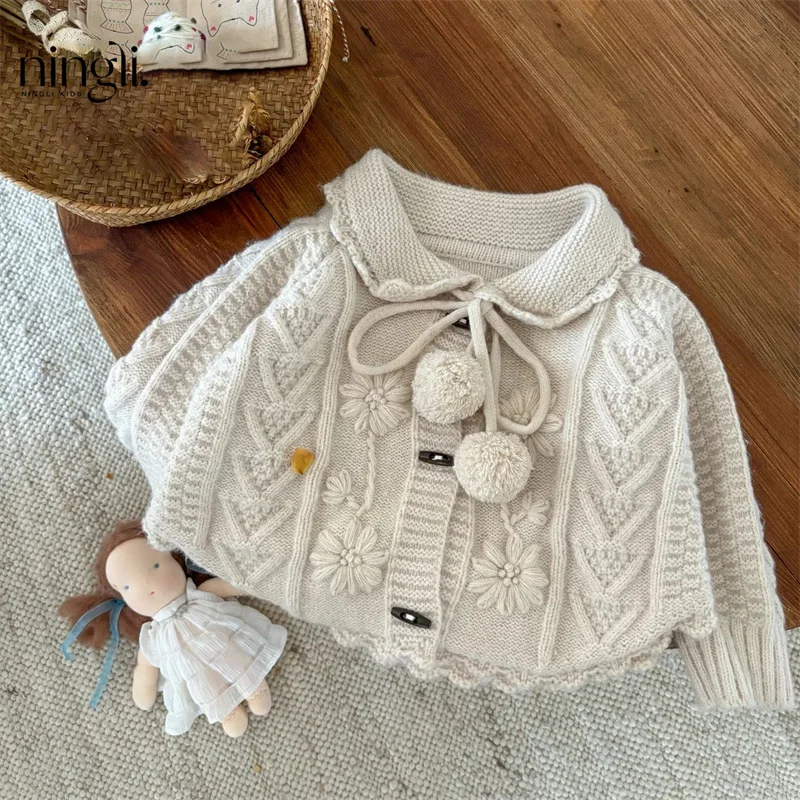 Childrens Girls Sweater 2024 Autumn Stylish Retro Handmade Crochet Kids Girls Knit Cardigan Long Sleeve Toddler Girls Coat