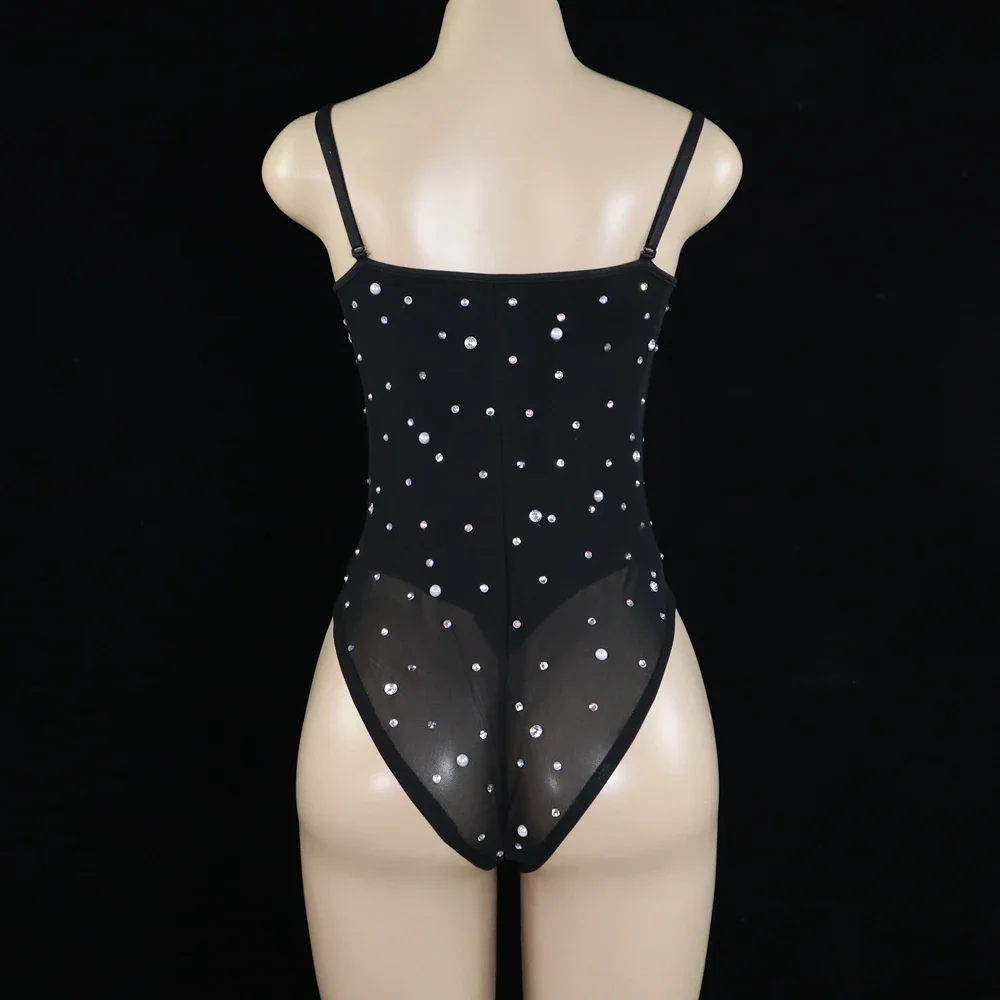 Bodysuit sexy em malha gola V para mulheres, strass listrado sem zíper, traje de palco, luxuoso vestido de pérolas