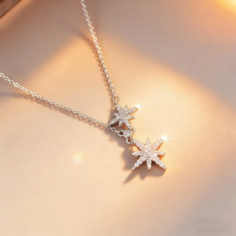 European and American cross-border six-mang double star zircon light luxury necklace niche copper inlaid with flash