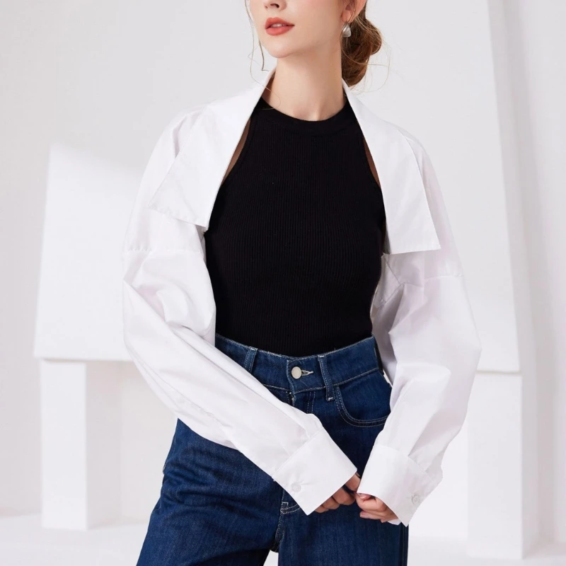 Áo khoác ngoài có cổ giả màu trắng F42F cho nữ Áo khoác crop top dài tay mở phía trước