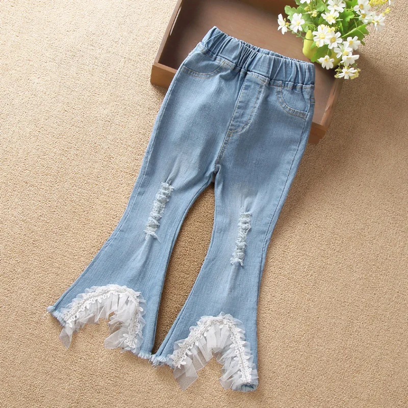 

For4 5 6 Y girls medium pants fashion nine-point pants children's summer lace splicing ripped thin denim flared pant kids