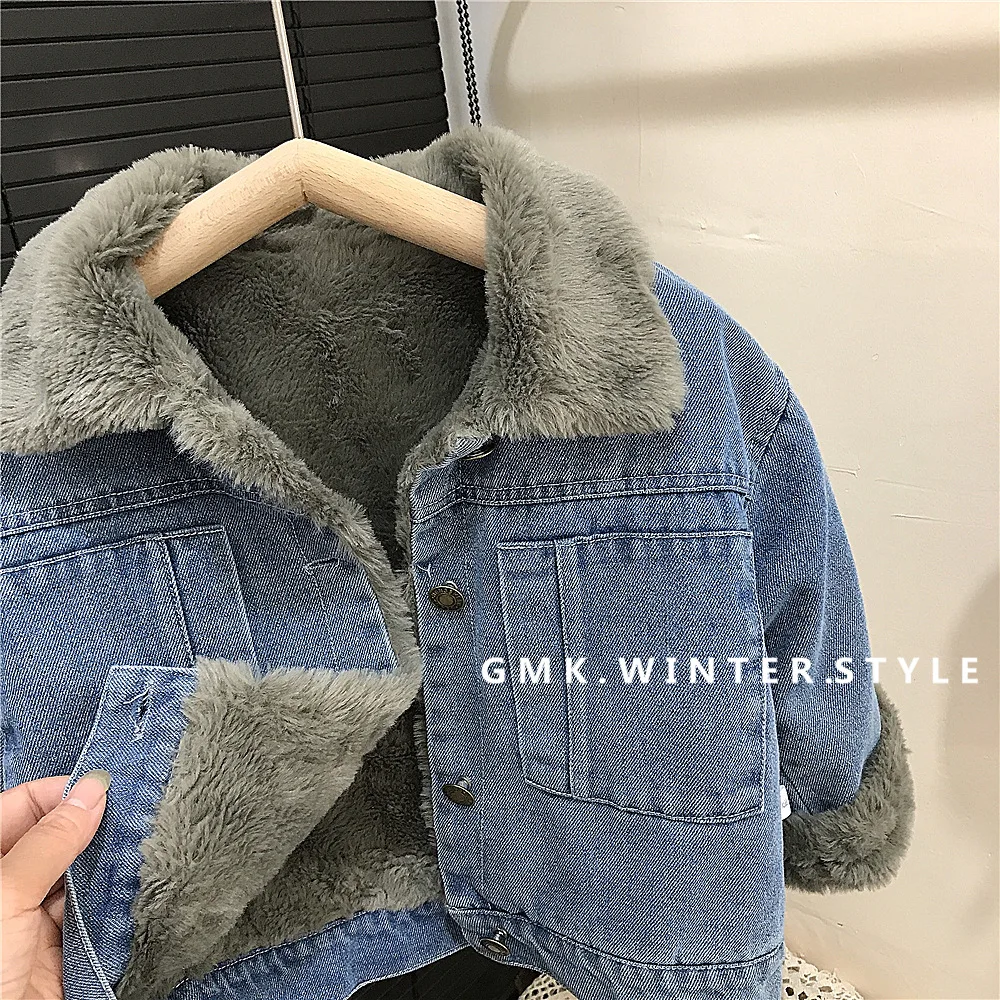 

Boys and Girls Denim Jackets Autumn and Winter New Children's Foreign Style Korean Velvet Thickened Top Jacket Winter Clothing