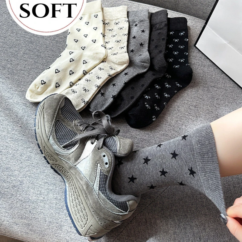 Gray Socks Women Cotton for Spring and Autumn Sports Bowknot-printed Polka Dots Five-pointed Star Breathable Mid-Calf Socks