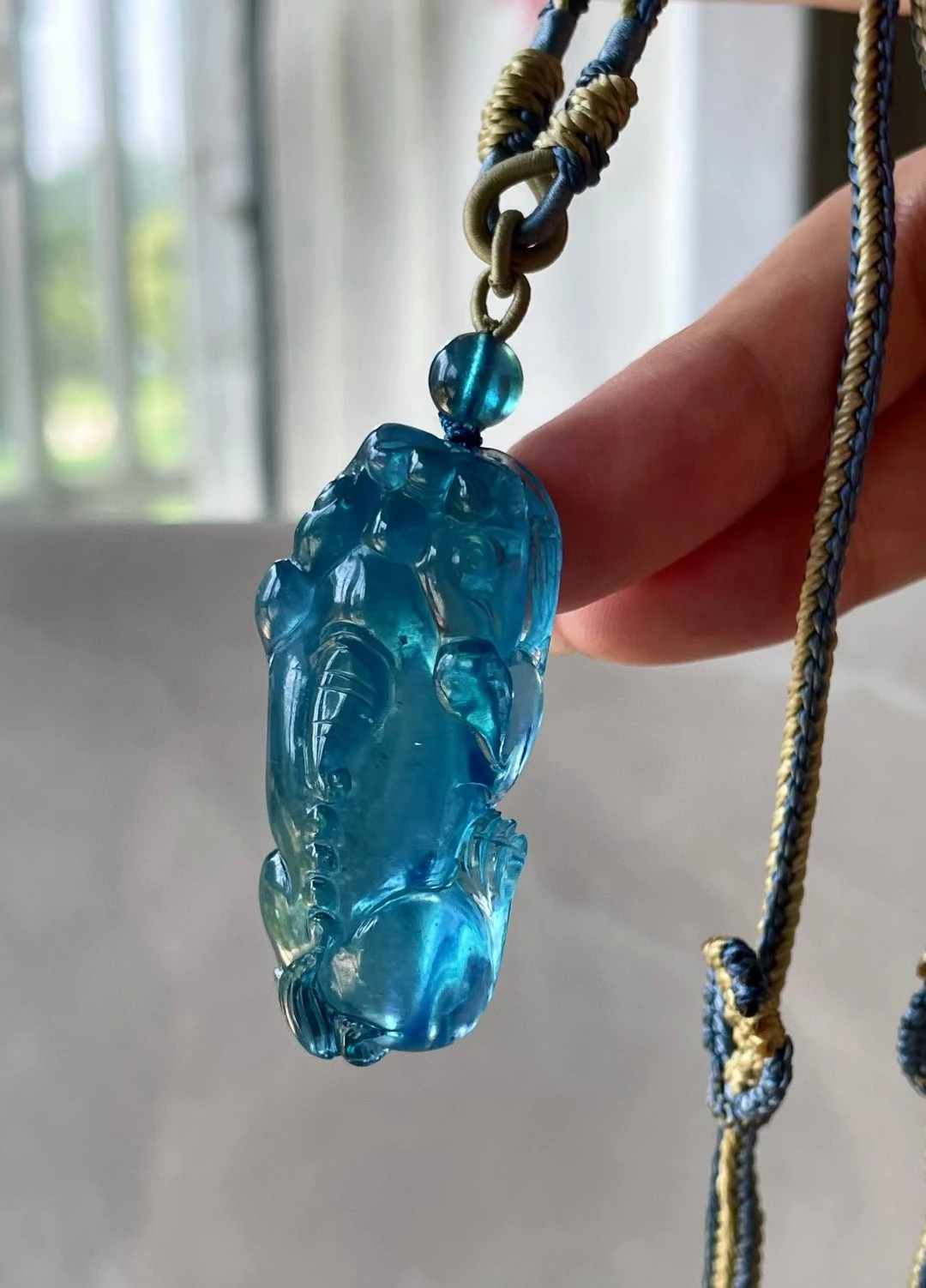 

Natural Blue Aquamarine Quartz Pendant Pi Xiu Carved 45*20mm Jewelry Deep Blue Aquamarine Oval Necklace AAAAA