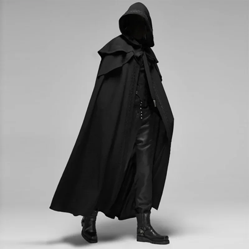 中世ヴィンテージフード付きルーズ黒マントコート防風トレンチシックな