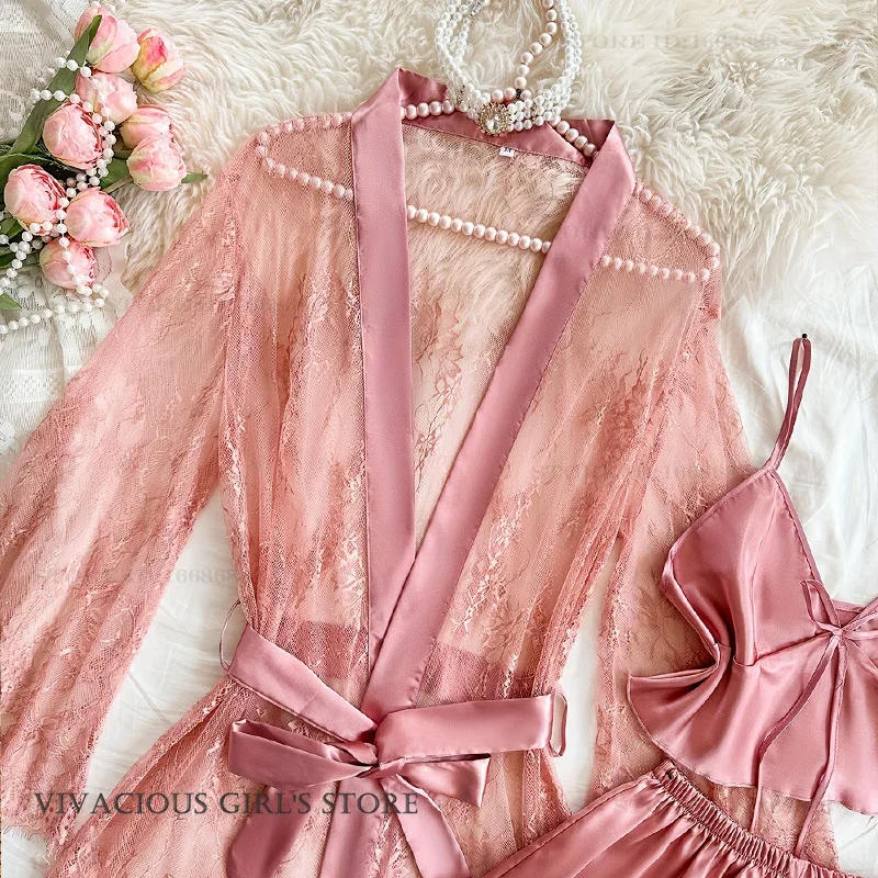 

Сексуальный комплект нижнего белья из 3 предметов: пижама, новая женская одежда для сна, розовое кружевное белье с вырезами, пижамный костюм из ледяного шелка, домашняя одежда для весны и лета