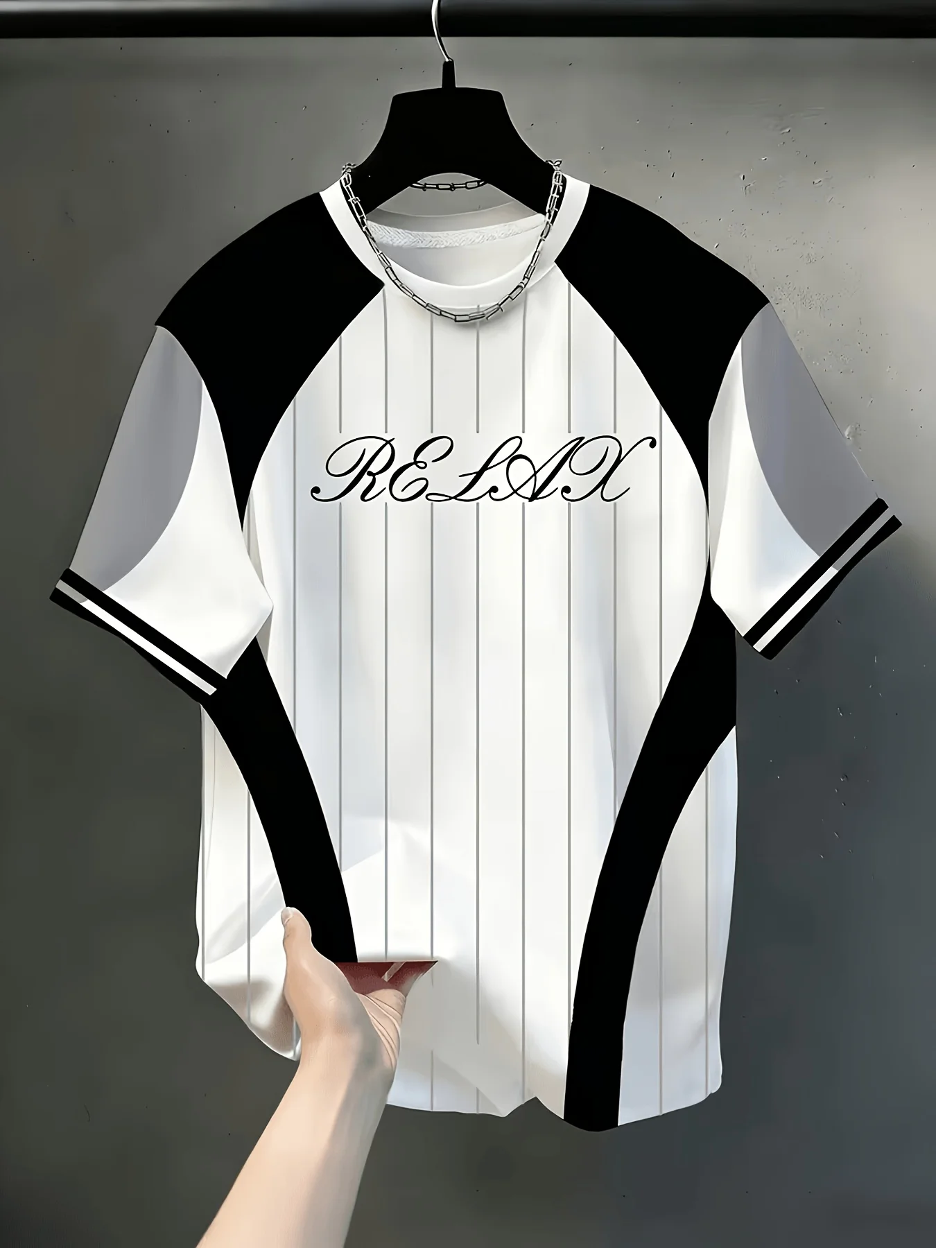Men Mesh Sports T‑Shirt Vertical Stripe Letter Print Raglan Sleeve O‑Neck Breathable Summer Casual Top