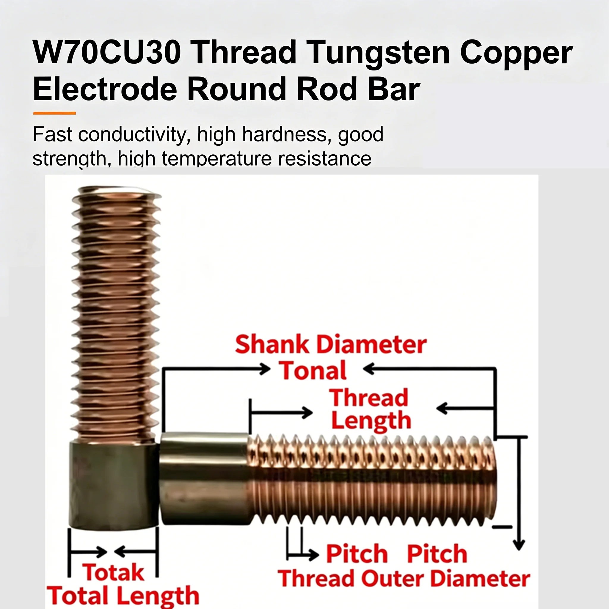 1Pcs Length 40mm-120mm EDM Machine Screw Thread Anode Electrode W70Cu30 Tungsten Copper Tapping Electrode Metric M1.2-M24