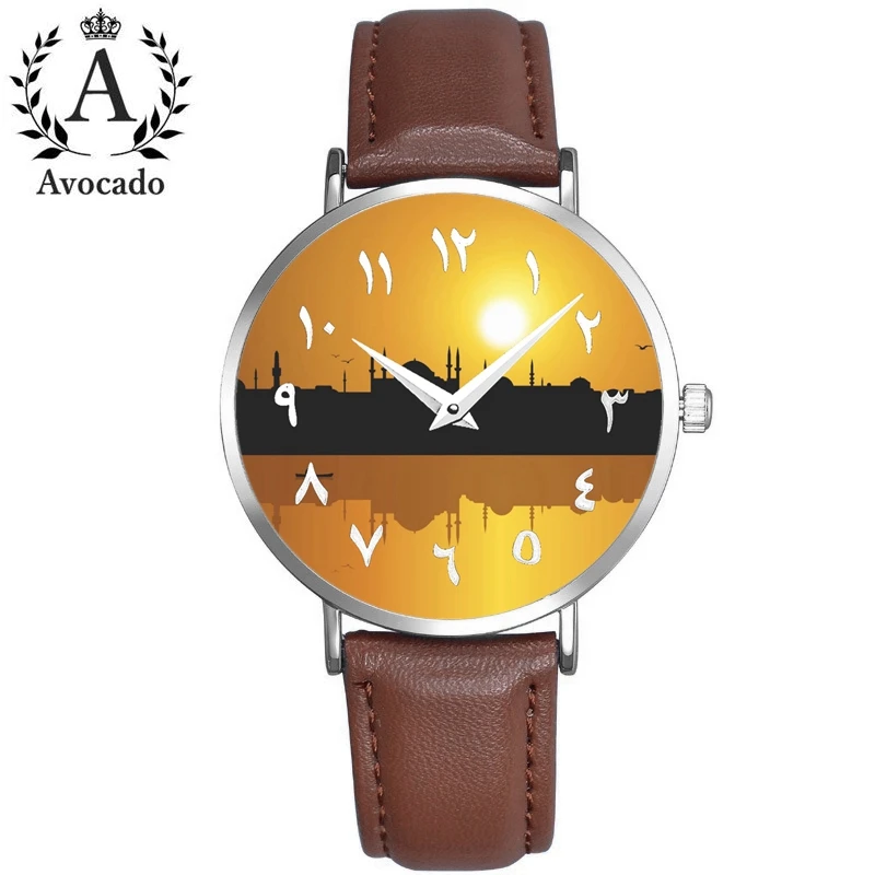 New Arabic Watch For Men Women Islamic Citadel Leather Strap Quartz Movement