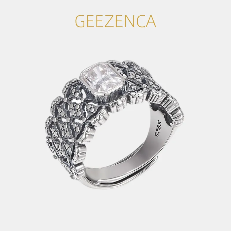 

GEEZENCA Real S925 Silver Marcasite Hollow Moissanite 11mm Adjustable Rings For Women Dainty Trendy Personalized Ring Party Gift