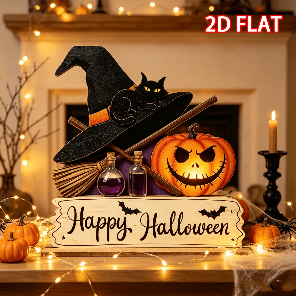 2/1 Piece Pumpkin Bat Witch Hat Black Cat Halloween Themed Wooden Desktop Decoration, 2D Flat Thickened Vintage Magic-Style Wooden Stand, Broom Magic Bottle Pumpkin Black Cat Ornament, Halloween Window and Entryway Atm