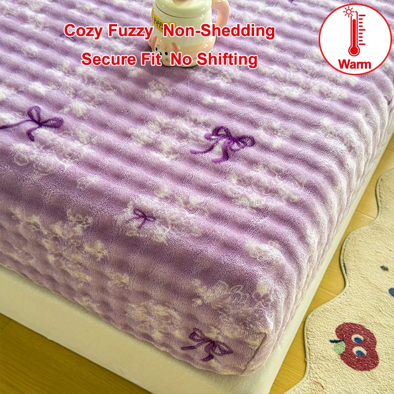 Purple Bow Flannel Fitted Sheet, Cozy Fuzzy Warm Plush Mattress Cover, Non-Shedding Secure Fit No Shifting Bed Sheet for Winter