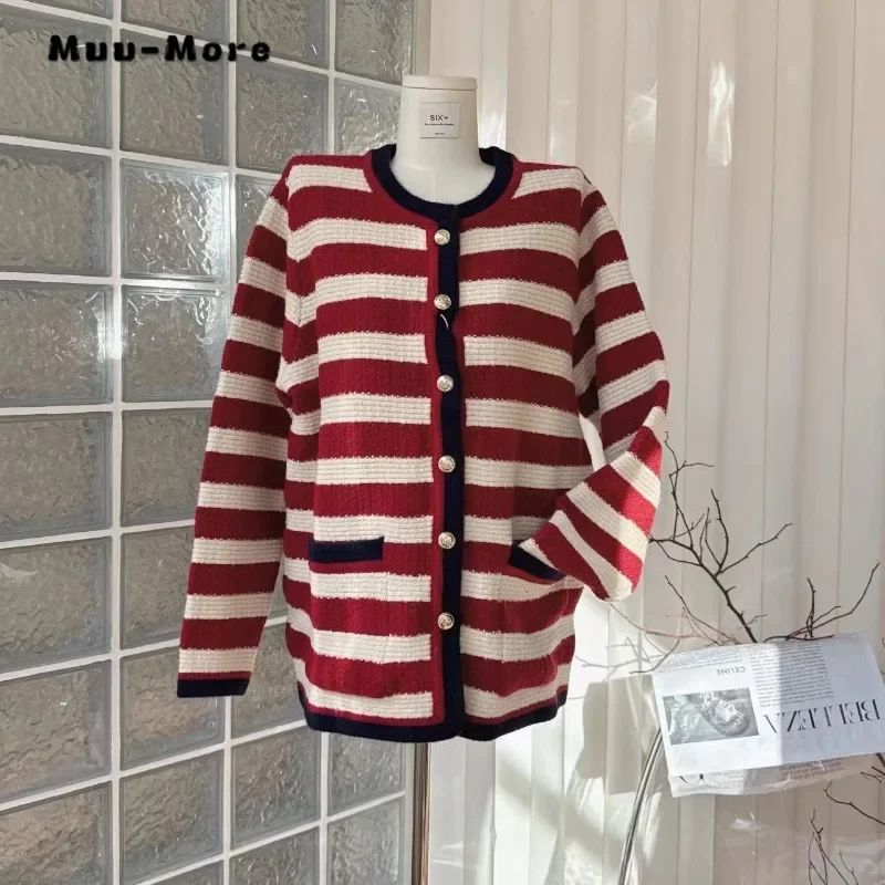 2023 Winter Women Casual Single Breasted Baggy Sweater Vintage Striped Jumpers Knitting Long Sleeve O-neck Loose Cardigans