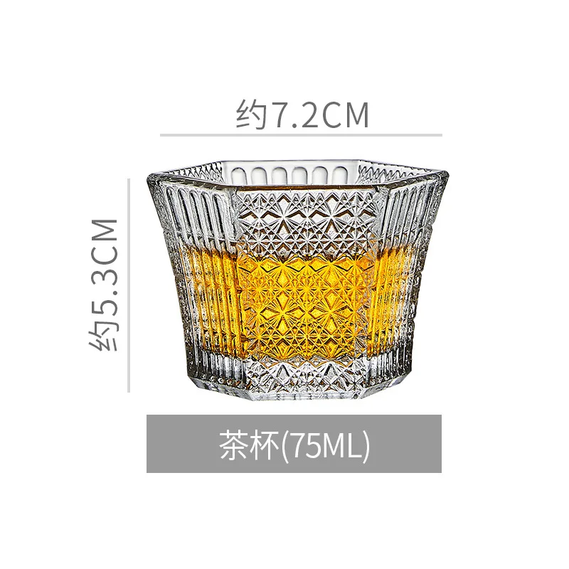 1 Piece 75ml Heat Resistant Tea Cup Elegant Engraving Hexagonal Crystal Bright Shot Glass Small Capacity Sake Soju Glass Cup