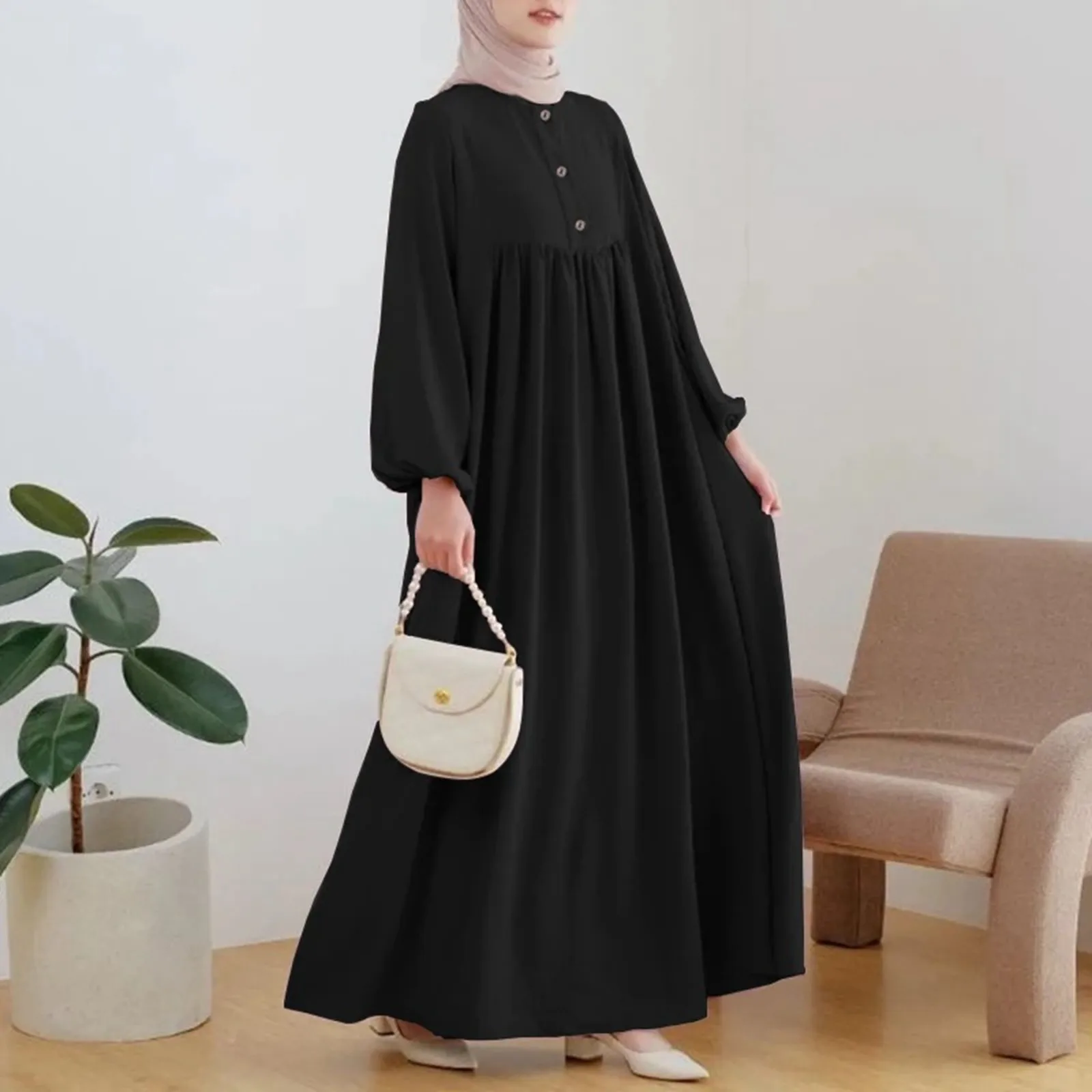 

Women's Muslim Maxi Dress Fashion Casual Long Sleeve Solid Color Dress Plain Long Robe Neck Cover Sundress For Women Hot Sale