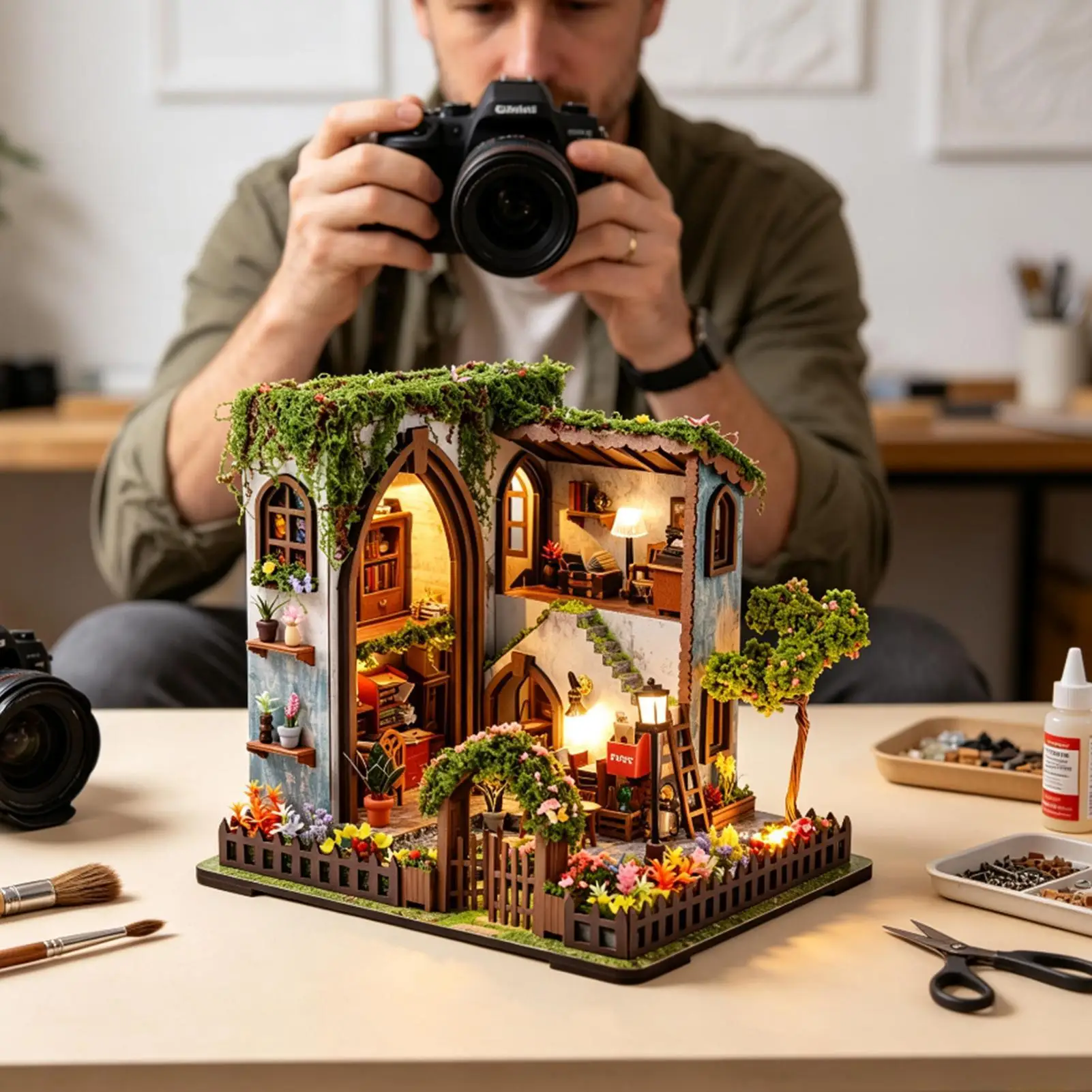 Miniature House Kit Warm Light Realistic Creative Fun Wooden Building Model Room House Puzzle For Bedroom Office Lounge Studio