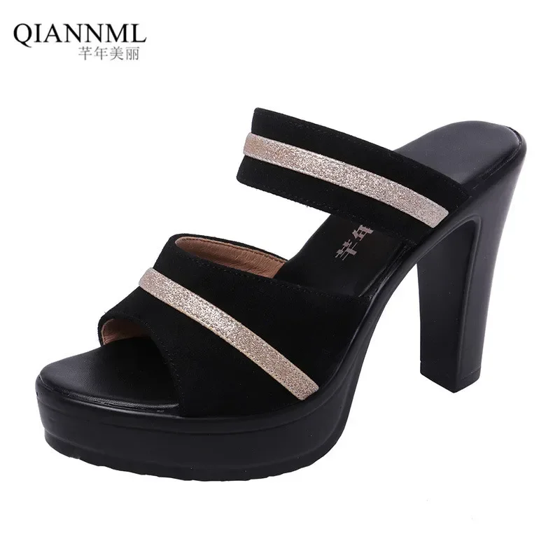 10cm Small Size 32-43 Summer Mix Color Block High Heels Shoes 2024 Soft Leather Slippers Platform Slides for Office Model Work