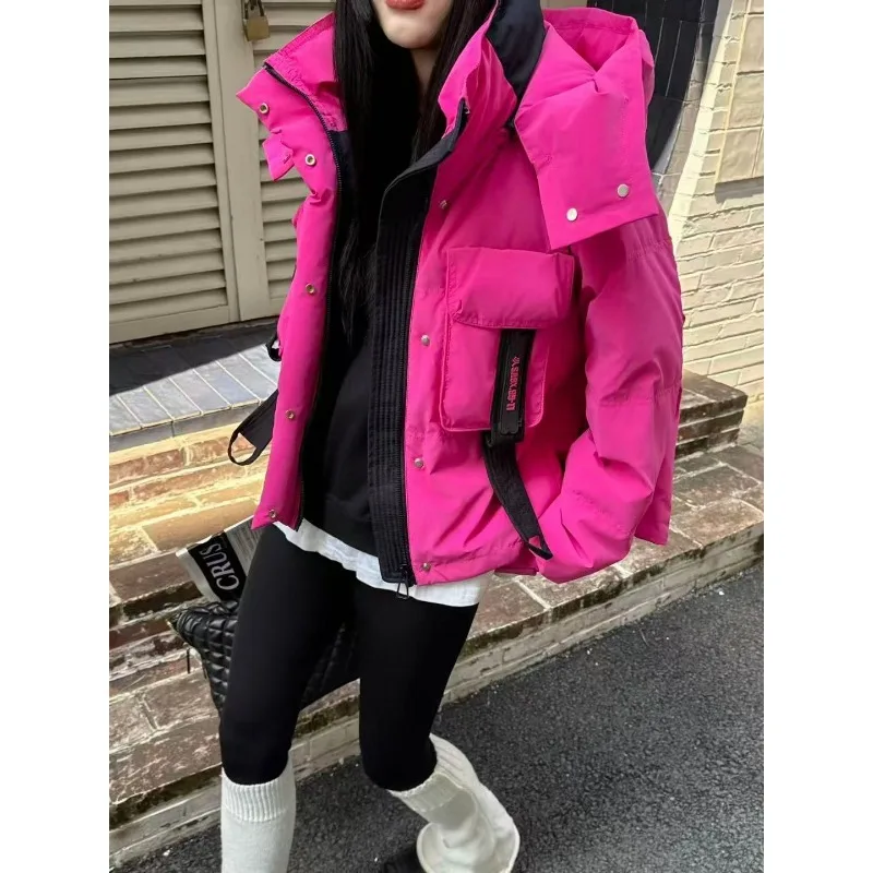 The 2025 New Trendy Brand Color-blocking Fashion Versatile Hooded Short Slimming Down Jacket for Women's Clothing Loose Coat