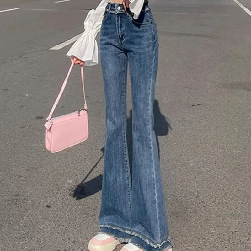 Retro Blue Fringed Denim Jeans Women's New Elastic Slimming Design Explosive Tassel Flared Pants