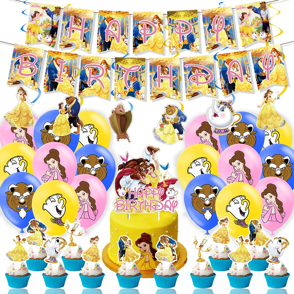 

Beauty and Beast Theme Birthday Party Decoration Foil Balloons Banner Cake Topper Party Supplies For Baby Shower