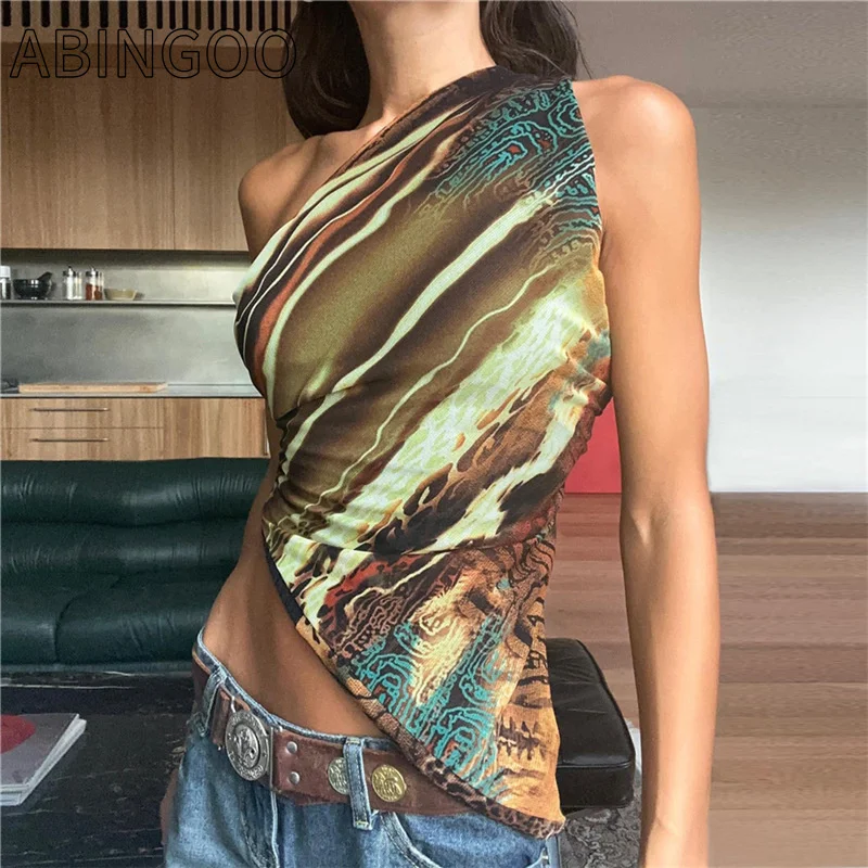 

ABINGOO Irregular Print Tank Tops Women Unique Incline Shoulder Sleeveless Skinny Elastic Streetwear Casual Colorful Tees Y2K