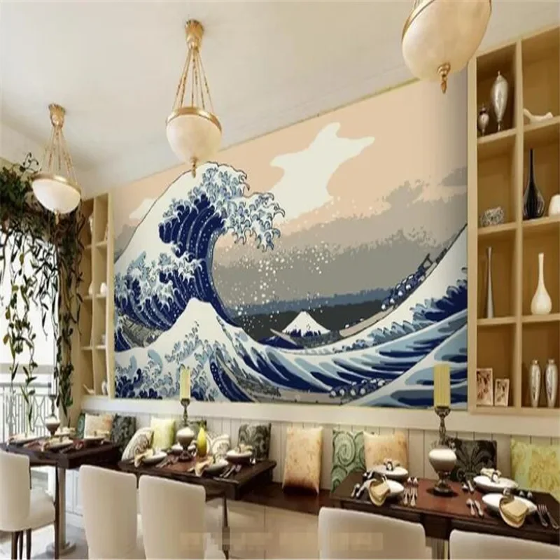 Papel tapiz de fotos HD de olas grandes ukiyo-e japonés y fondo de viento, papel de pared 3D para cocina japonesa, decoración de restaurante de Sushi