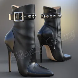 Black Belt and Rivet Decor Boots Ankle High Thin Heel High Shoes for Women Solid Shoes on Heels 2023 New Zapatos Para Mujere