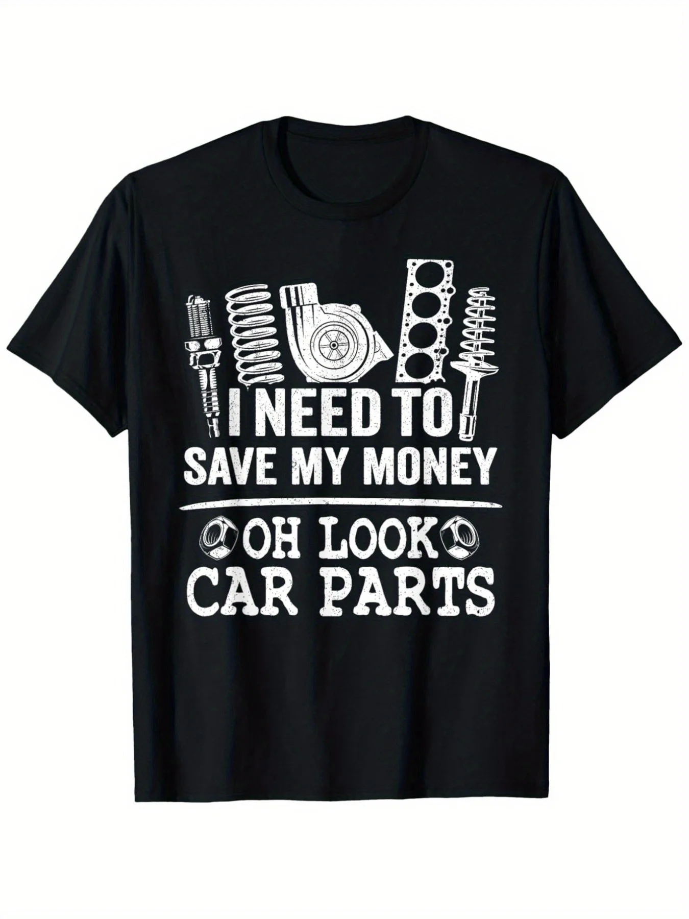Fun "I need to save money, oops, these car parts are so beautiful" Men's and Women's Patterned T-Shirt - Black T
