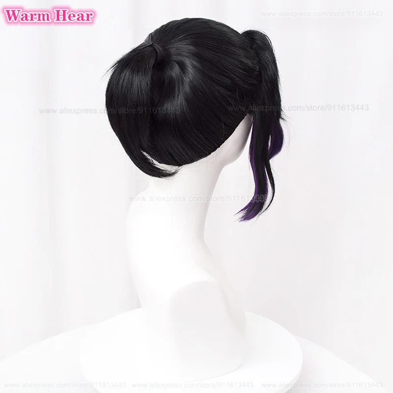 Peruca sintética Kochou Shinobu, preto, gradiente roxo, adorável rabo de cavalo, cabelo cosplay, perucas resistentes ao calor, boné de Halloween, 35cm