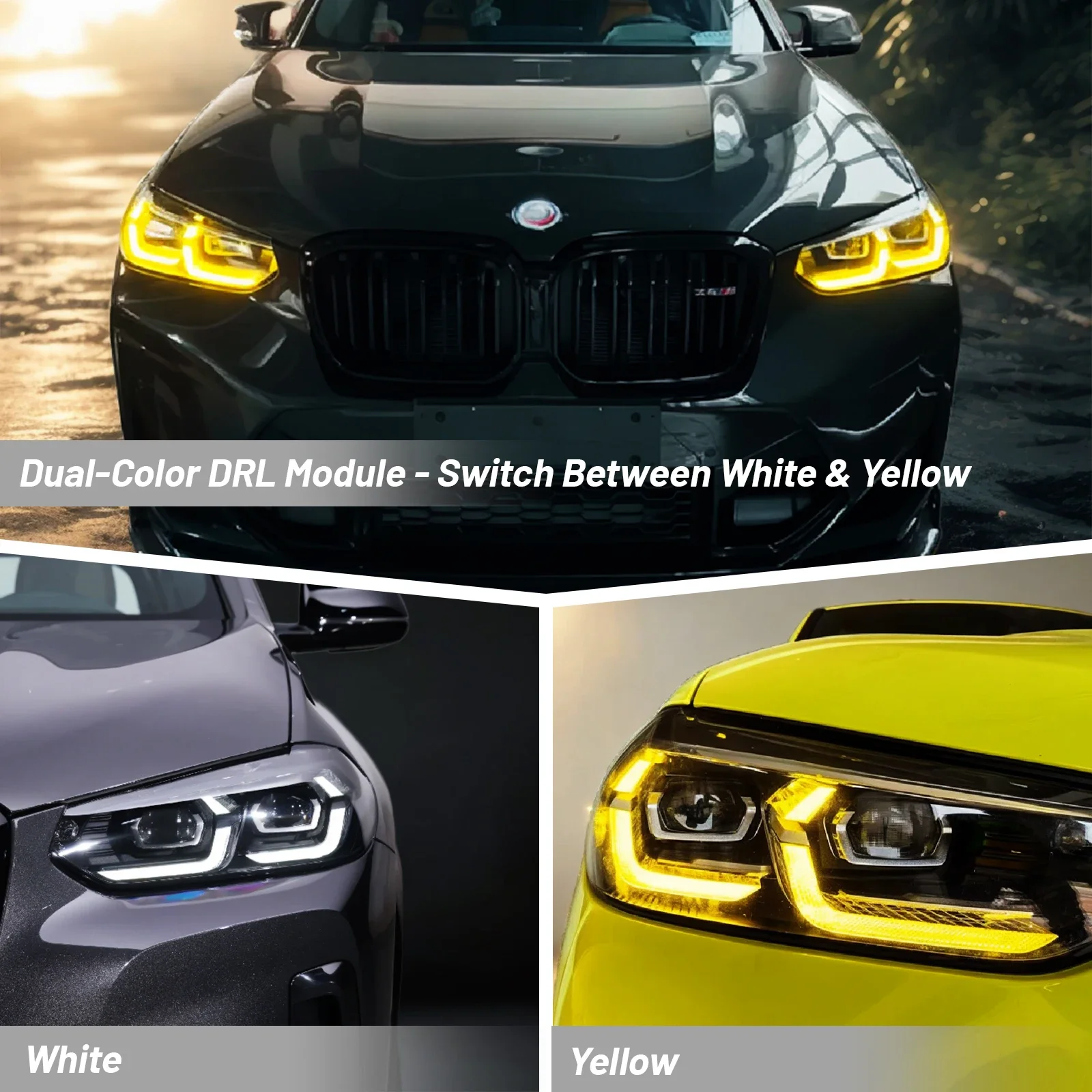 For BMW X3 X3M X4 X4M 2022-2024 G01 G02 F97 F98 Dual-Color DRL Module yellow and white LED panel daytime running light