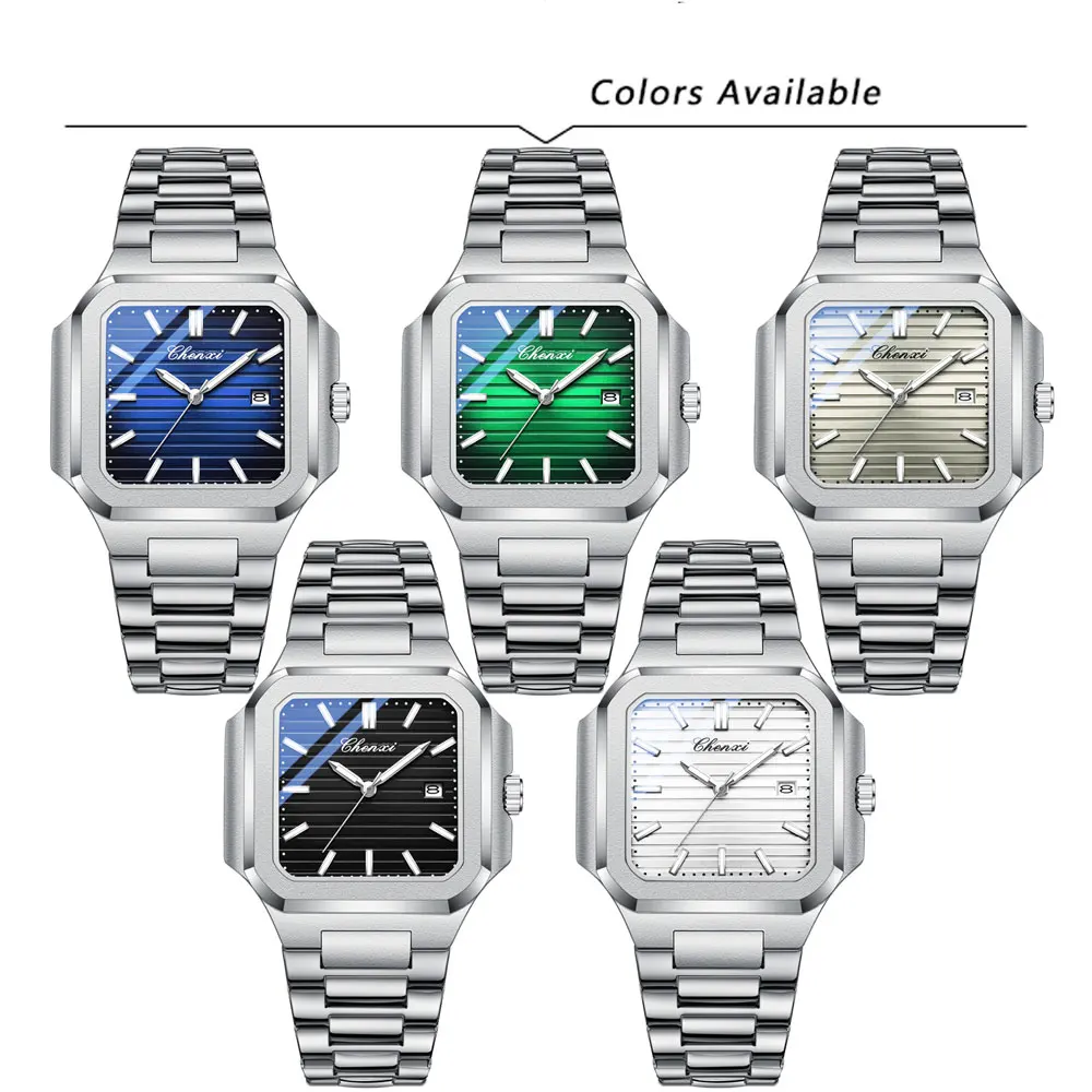 ساعة CHENXI الفاخرة للرجال كوارتز مربعة من الفولاذ المقاوم للصدأ مقاومة للماء وتاريخ مضيء كاجوال لساعة الذكور