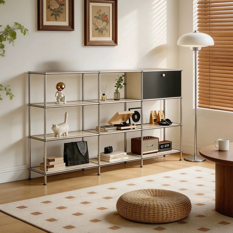 Stainless steel bookshelf multi-layer storage shelf home living room display cabinet