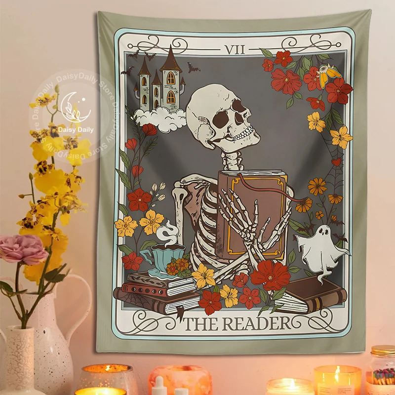 The Reader Tarot Card Tapestry Wall Hanging Witchy Stuff Mystical Skeleton Bohemian Divination Dormitory Home Room Decor Gift