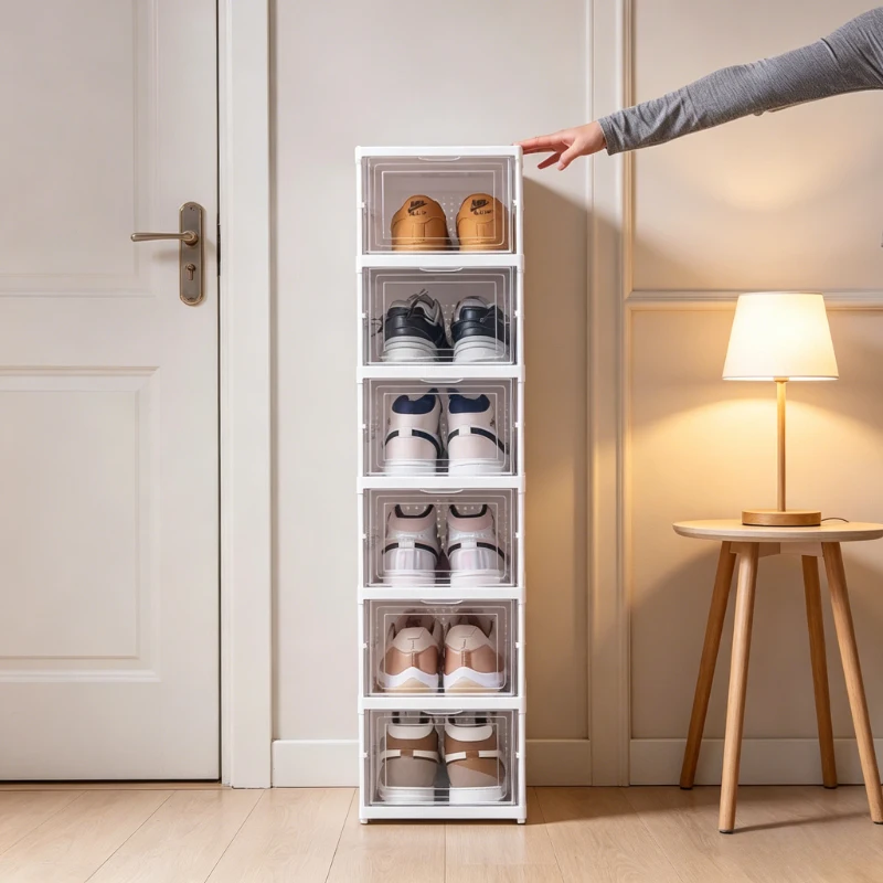 

Stackable Transparent Shoe Box Organizer, 3/6 Tier Foldable Design, Dustproof Moistureproof Sneaker Holder for Entryway