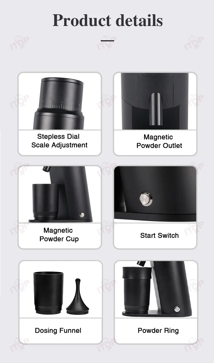 63mm Electric Coffee Grinder Single Dose Grinder Conical Burr Magnetic Powder Suction Port& Cup Stepless Adjustment