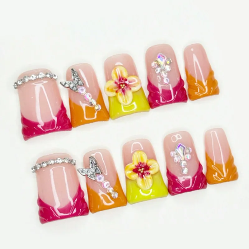 

10pcs French Press On Nails Yellow Gradient Flowers Duck Acrylic fake Nails Butterfly Rhinestone Chains Decorated Handmade Nails