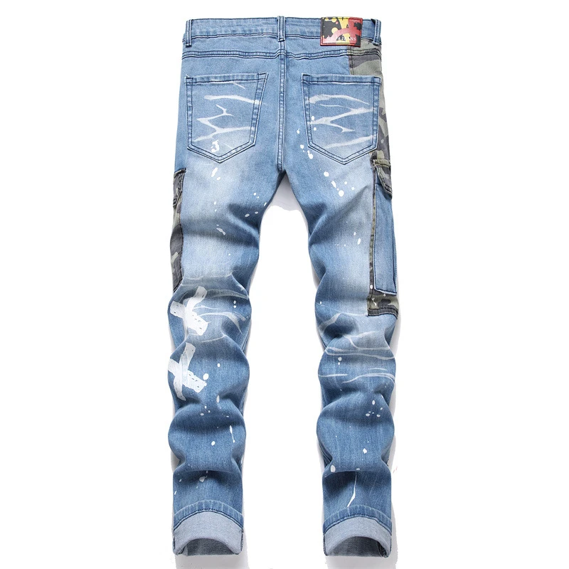 New 2024 Fashion Camouflage Matching Color Jeans Mid-Waist Hole Three-Dimensional Pocket Men\'s Printed Casual Pants