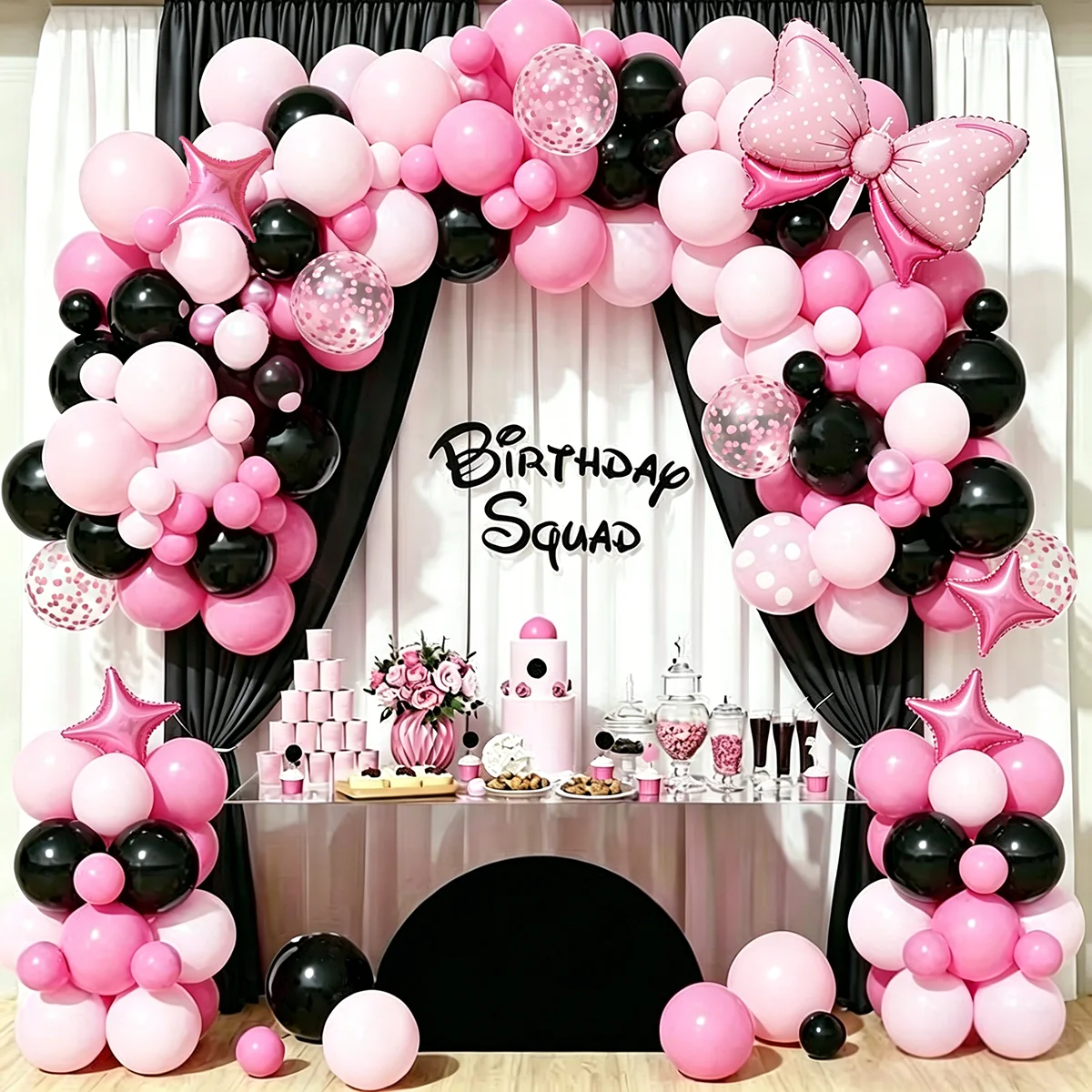 Kit d'arche de ballons 137 pièces rose, noir et blanc, avec ballons en aluminium en forme de nœud et d'étoile, et ballons confettis transparents, pour décoration de fête d'anniversaire, de baby shower et de toile de fond photo extérieure