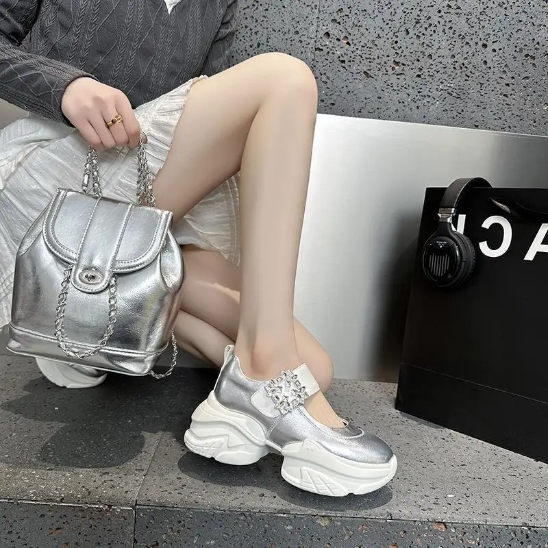 

Casual Thick Bottom Mary Jane Shoes Women's New Style Leather Sandals Princess Style round Toe mid Heel Rubber Outsole