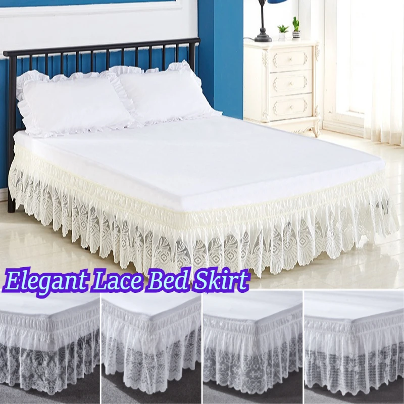 1Pcs Elegant Lace Bed Skirt Embroidery Ruffles Lace Bed Skirt with Adjustable Belts Bed Cover Mattress Protector (No Pillowcase)