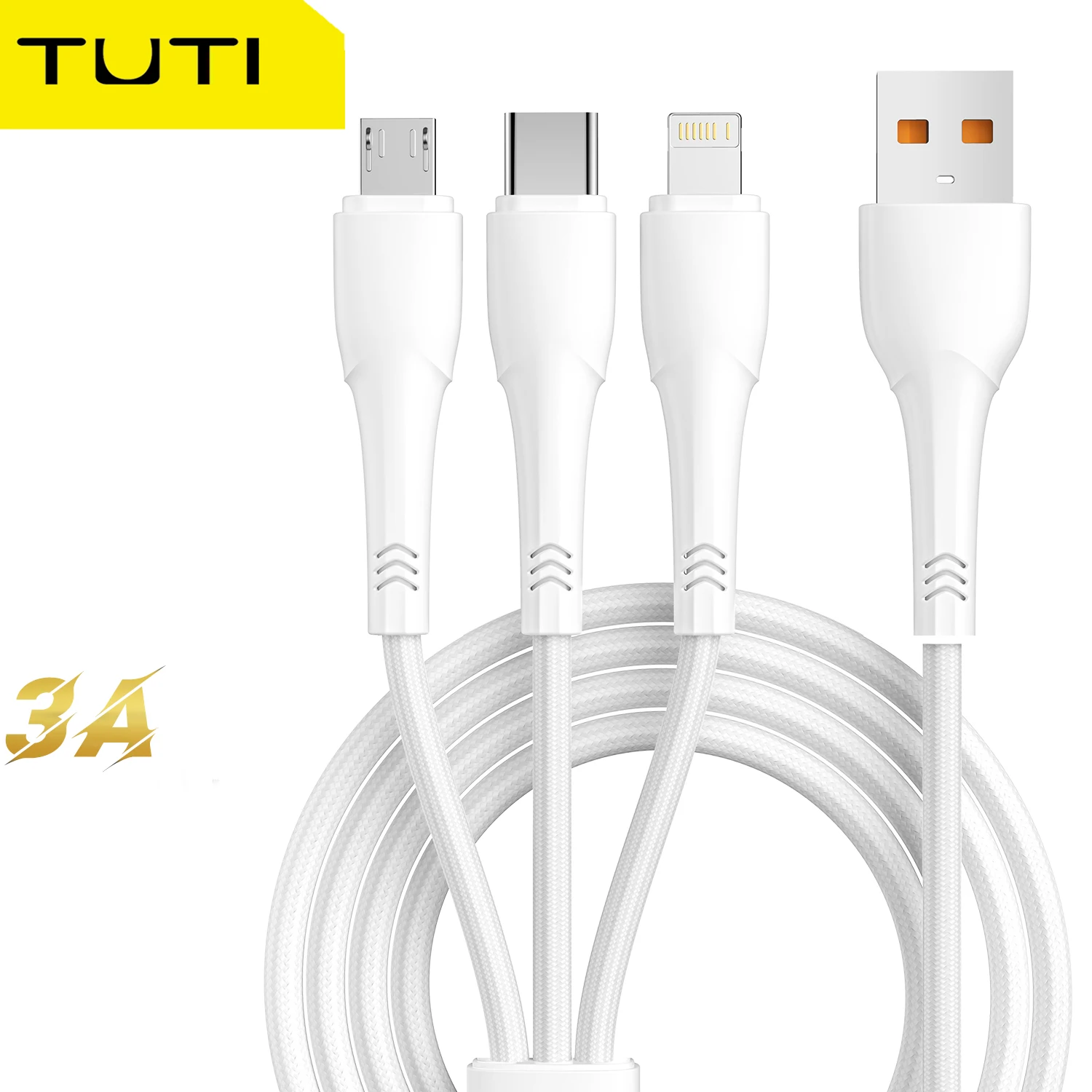 TUTI-USB Nylon Braided Charging Cable,3 in 1,Type-C, Lightning, Micro USB Port Connectors, Compatible with Most Phones and iPads