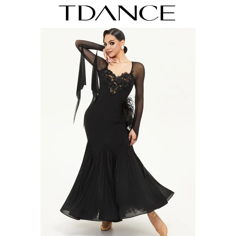 Customized TDANCE Balloom Modern Dance Wear Performance Dress Black High End Flower Clothes Big Swing Skirt Feather Pleated SM08