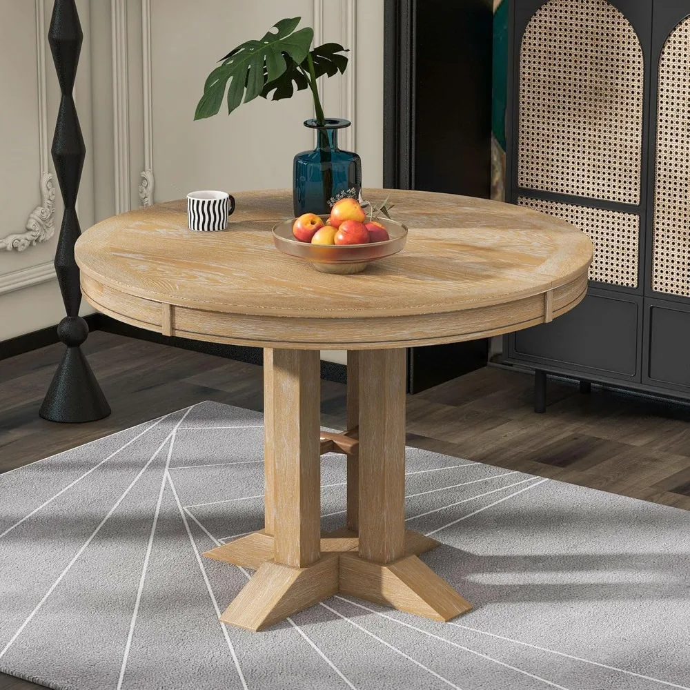 Farmhouse Round Extendable Dining Table for Oval Dining Table with Removable Leaf for Living Room, Apartment, Space-Saving,