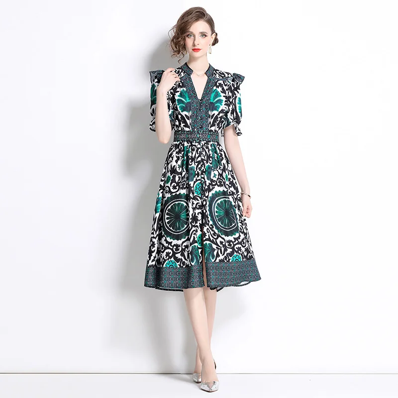 

Summer Runway Flare Sleeve Turn Down Collar Single-Breasted A-Line Dress Women Holiday Flower Printing Belt Party Beach Vestidos